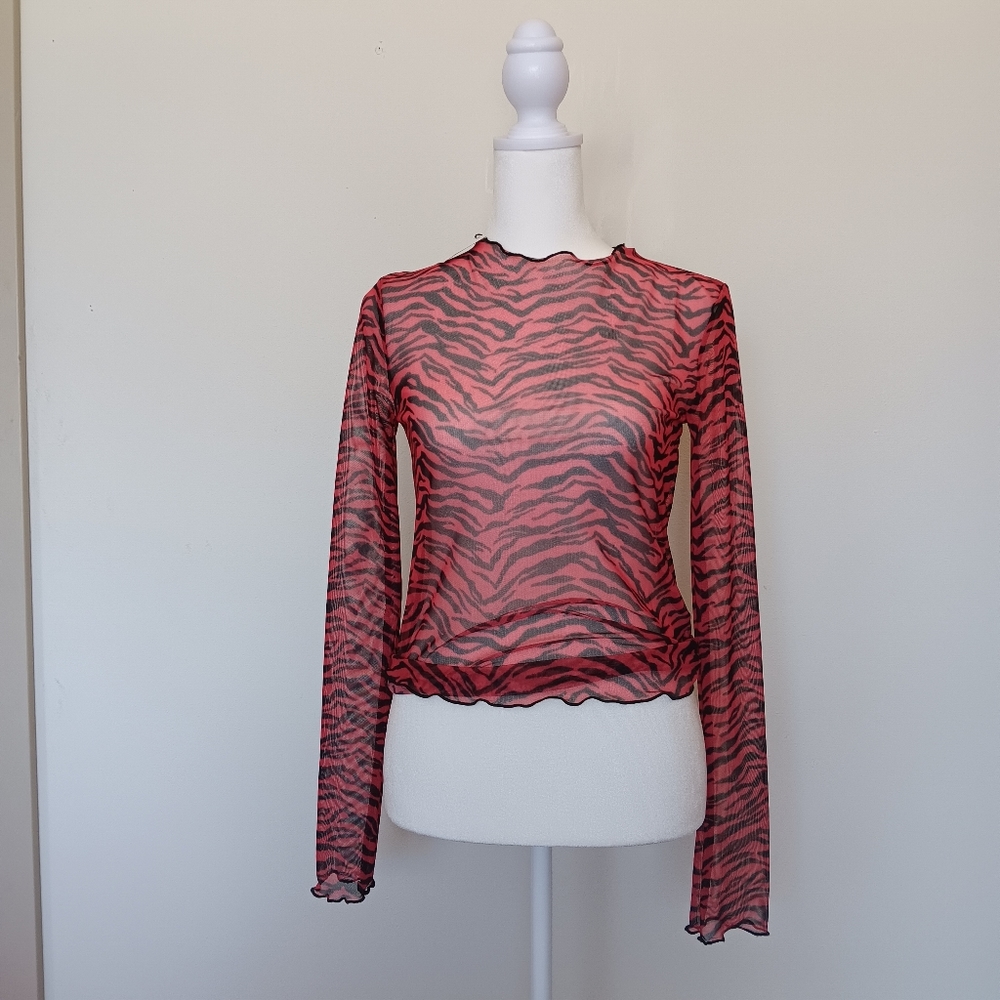 red lettuce hem zebra print mesh long sleeve top